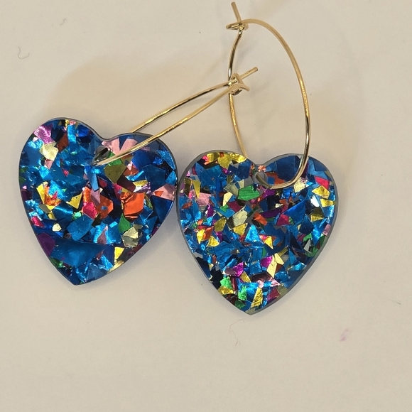 Multi Color Foil Glitter Heart Hoop Earrings - Picture 3 of 4